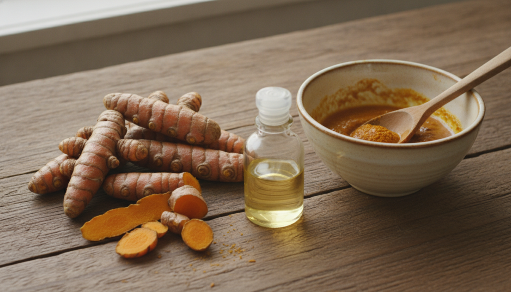 A collection of ingredients for a DIY turmeric and baby oil elixir Fresh turmeric root a small bottle of baby oil and a 
