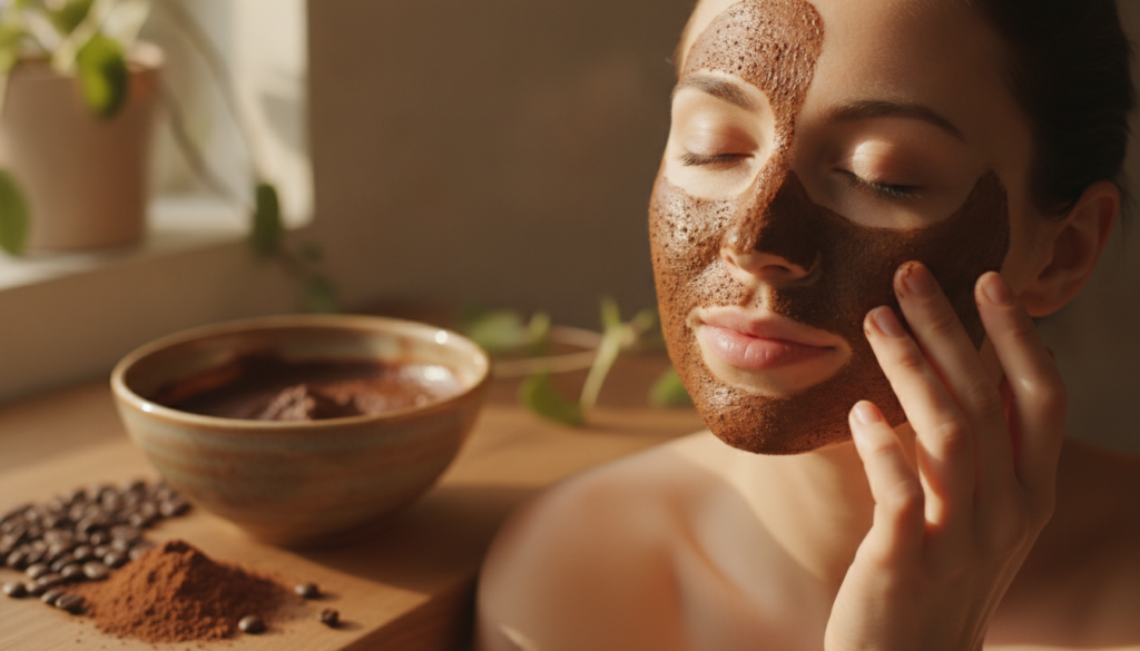 A close-up of a woman applying a natural coffee and cocoa face mask to her face with ingredients like coffee beans and c