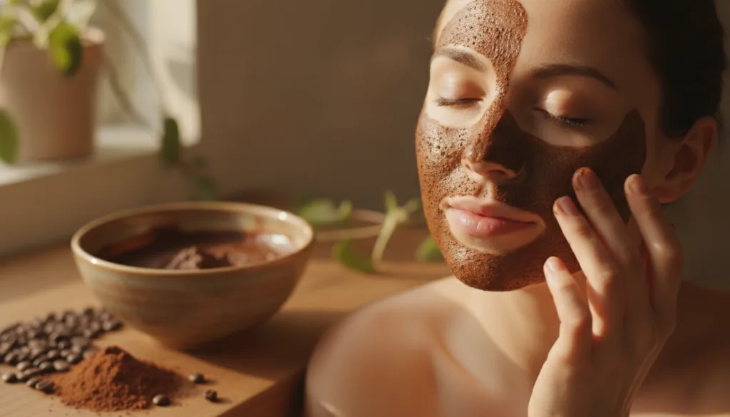 A close-up of a woman applying a natural coffee and cocoa face mask to her face with ingredients like coffee beans and c
