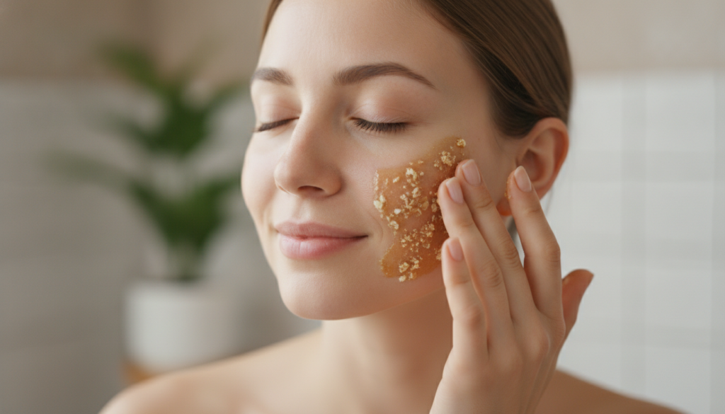 Close-up of a woman gently exfoliating her face with a natural DIY scrub made from oats and honey with a serene expressi