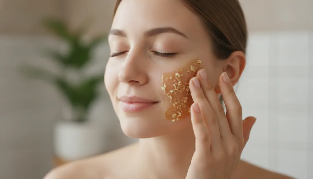 Close-up of a woman gently exfoliating her face with a natural DIY scrub made from oats and honey with a serene expressi