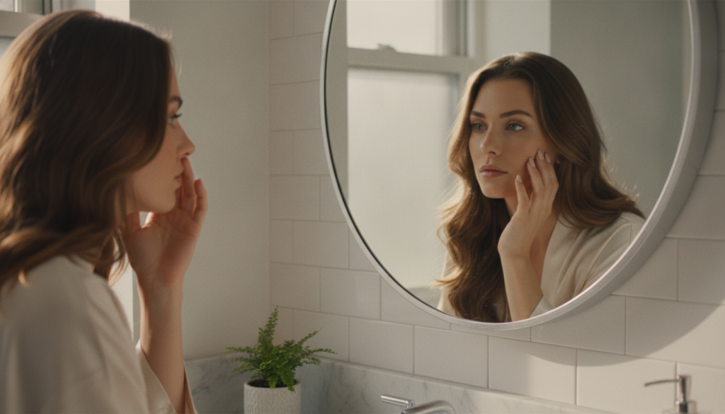 A woman looking at her reflection in a mirror touching her face with soft natural light conveying a sense of weariness b