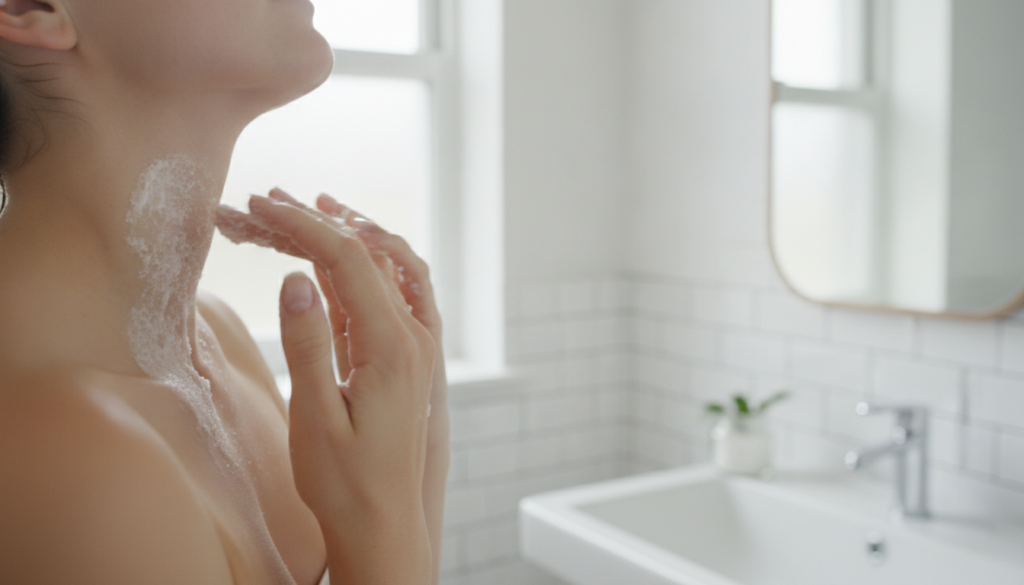A person s hands gently massaging a homemade white grainy scrub onto their neck focusing on the application technique ra