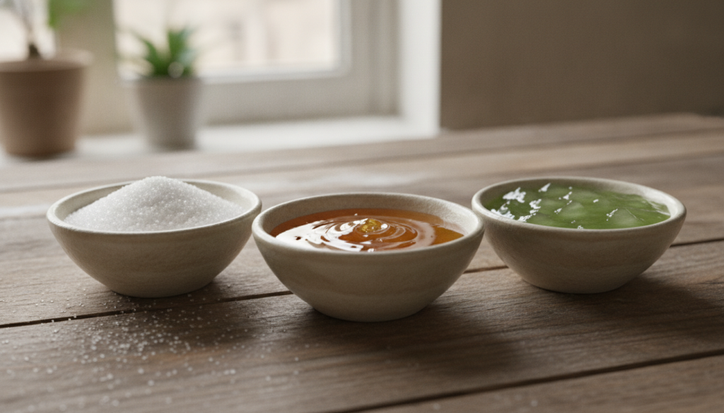 Small bowls containing fine granulated sugar raw honey and aloe vera gel arranged neatly on a wooden surface ready for m