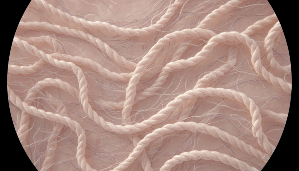 A close-up of a collagen molecule or a representation of collagen fibers in the skin highlighting elasticity