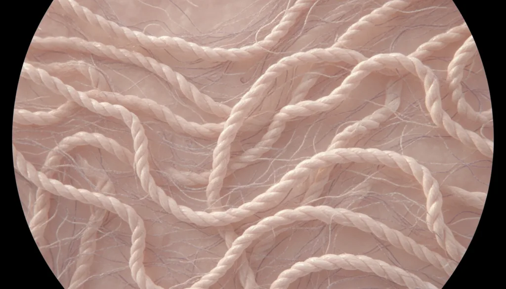 A close-up of a collagen molecule or a representation of collagen fibers in the skin highlighting elasticity