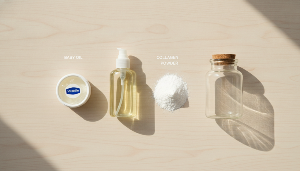 A flat lay of the three ingredients a small tub of Vaseline a bottle of baby oil and a scoop of collagen powder alongsid