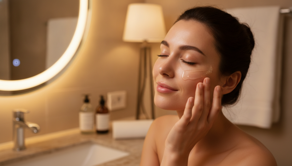 A woman applying a clear glossy night gel to her face before bed with soft lighting Her skin looks healthy and glowing