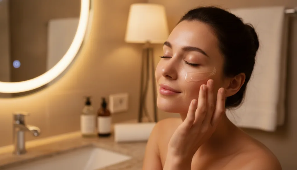 A woman applying a clear glossy night gel to her face before bed with soft lighting Her skin looks healthy and glowing