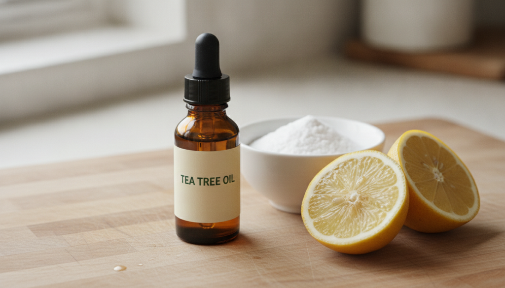 A small glass dropper bottle with a tea tree oil label next to a bowl of baking soda and a cut lemon representing the ke