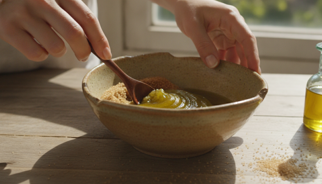 Close-up of hands mixing brown sugar and olive oil in a bowl showcasing the ingredients for a foot scrub