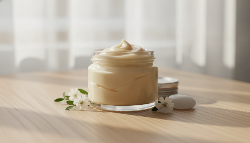 A small jar of homemade foot balm with a creamy texture on a natural wooden surface