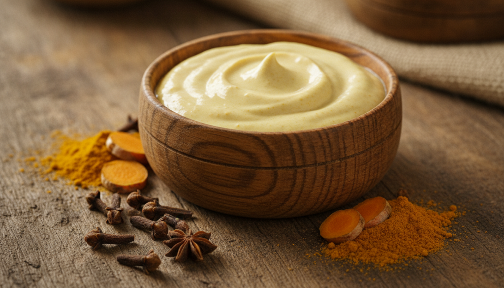 A close-up shot of a small bowl filled with a yellow creamy DIY face mask with cloves and turmeric powder scattered arou