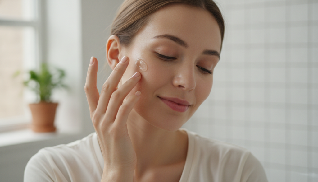 A woman applying a clear or yellowish gel-like substance to her face focusing on her cheek or forehead area