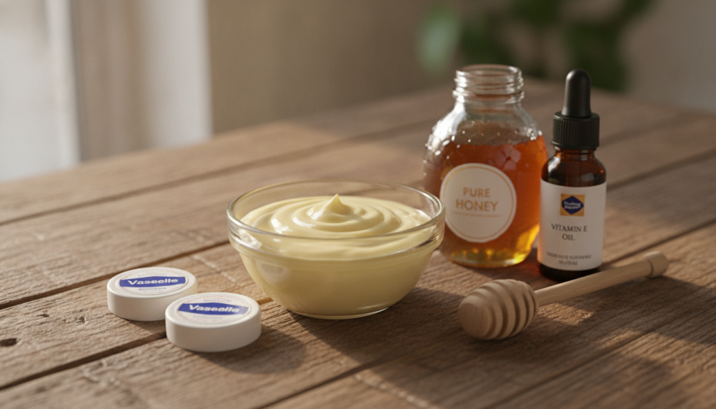 A close-up shot of a small bowl containing a creamy smooth light yellow mixture resembling a homemade facial treatment N