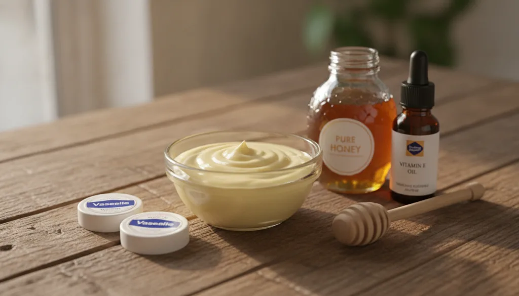A close-up shot of a small bowl containing a creamy smooth light yellow mixture resembling a homemade facial treatment N