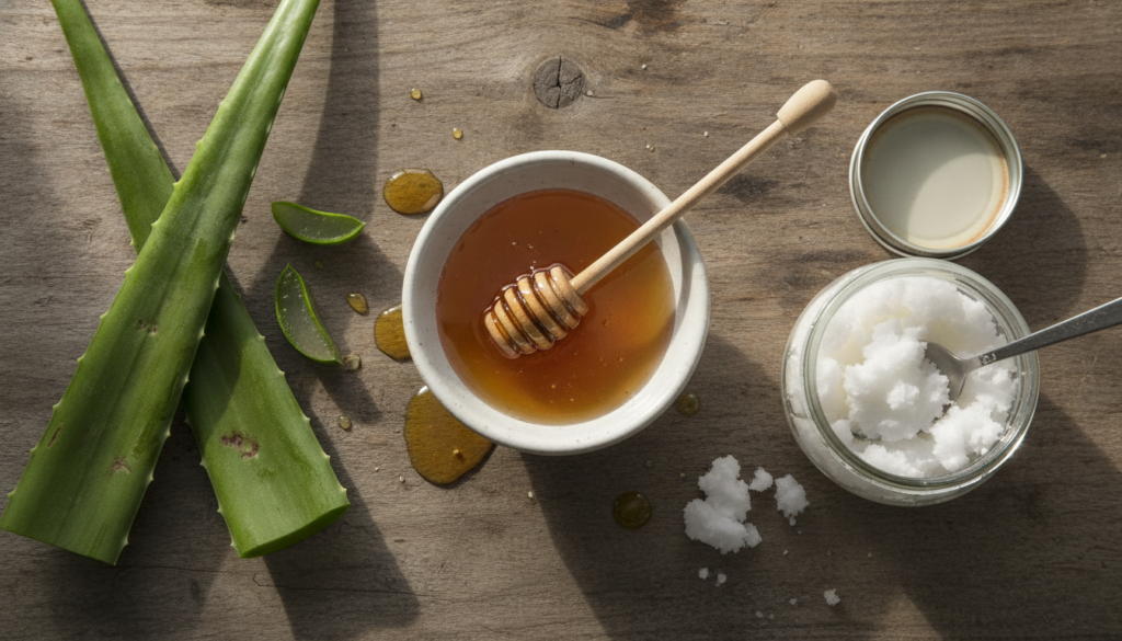 A flat lay image showing a small bowl of honey a jar of coconut oil and a few fresh aloe vera leaves with a small wooden