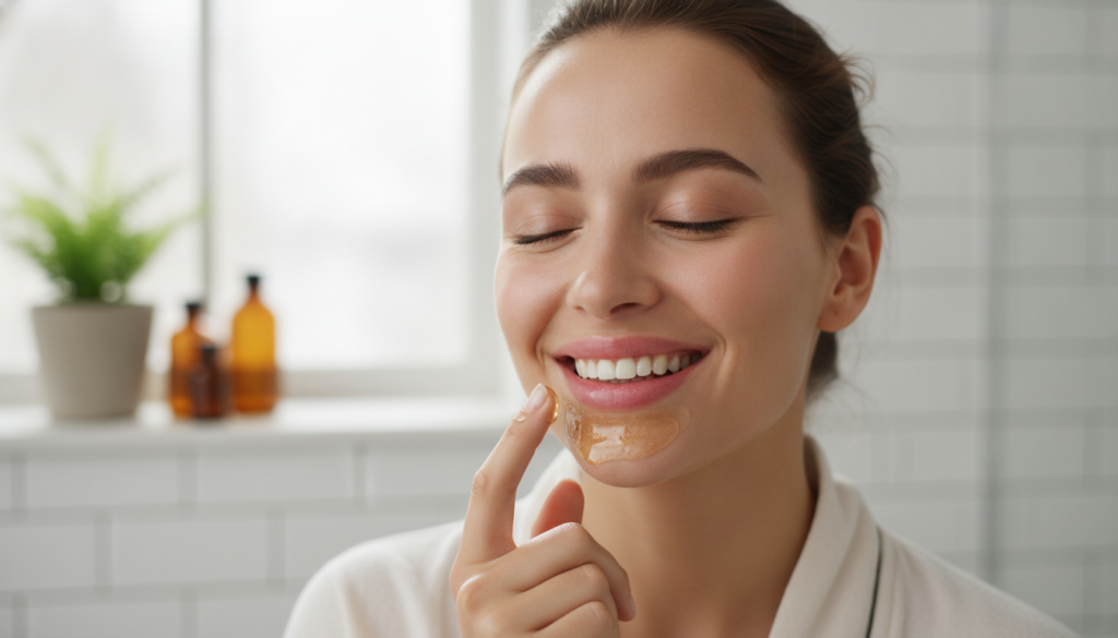 A woman gently applying a homemade honey lip mask to her lips in a well-lit natural setting with a small jar of honey an