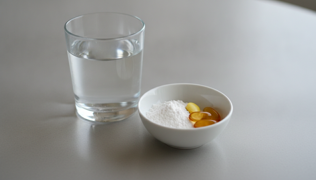 A glass of water next to a small bowl of collagen powder and a few supplement capsules Vitamin C Omega-3 on a clean ligh