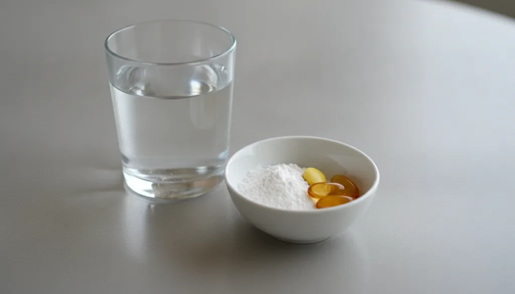 A glass of water next to a small bowl of collagen powder and a few supplement capsules Vitamin C Omega-3 on a clean ligh
