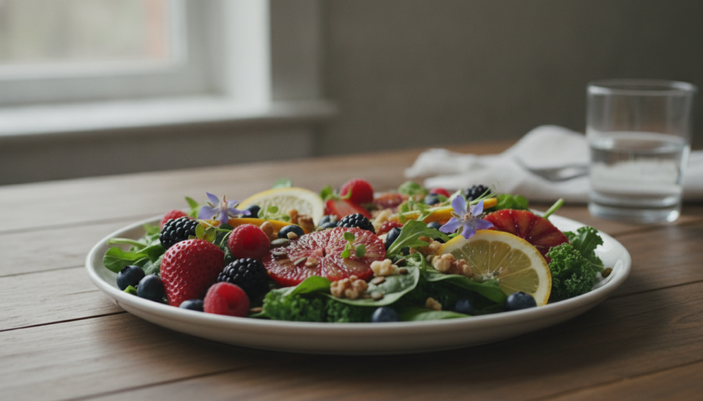 A balanced plate of healthy colorful foods including fruits like berries and citrus and leafy green vegetables symbolizi