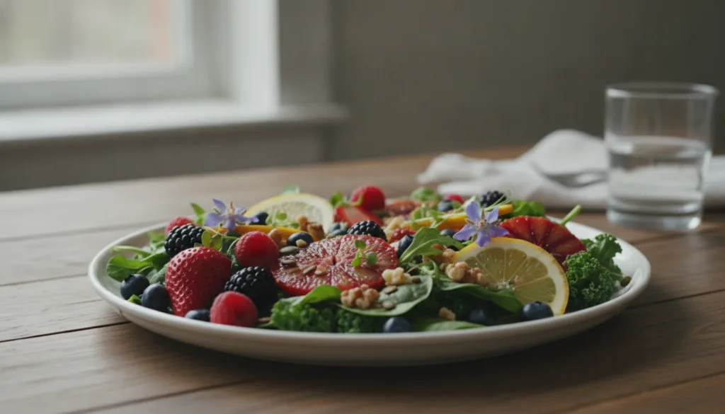 A balanced plate of healthy colorful foods including fruits like berries and citrus and leafy green vegetables symbolizi