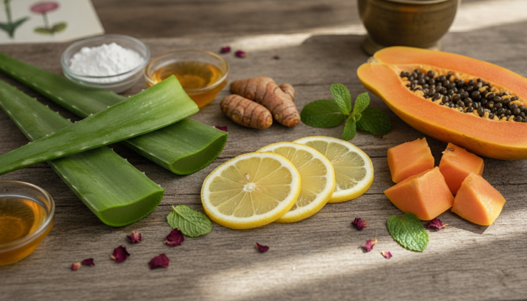 Various natural ingredients known for skin brightening such as sliced lemons fresh aloe vera leaves and a ripe papaya ar