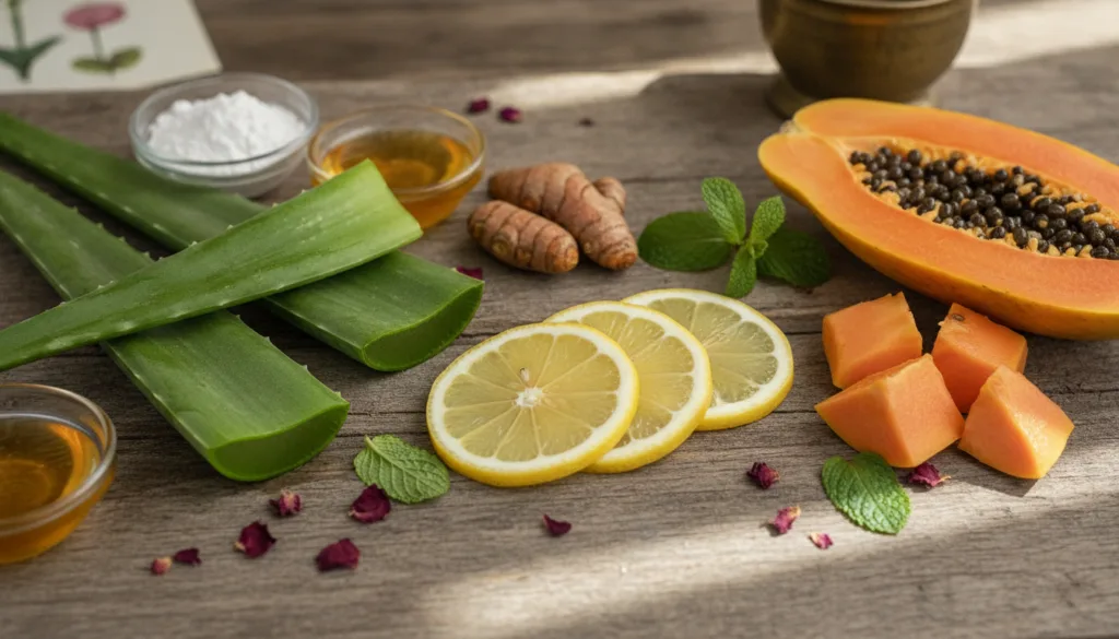 Various natural ingredients known for skin brightening such as sliced lemons fresh aloe vera leaves and a ripe papaya ar