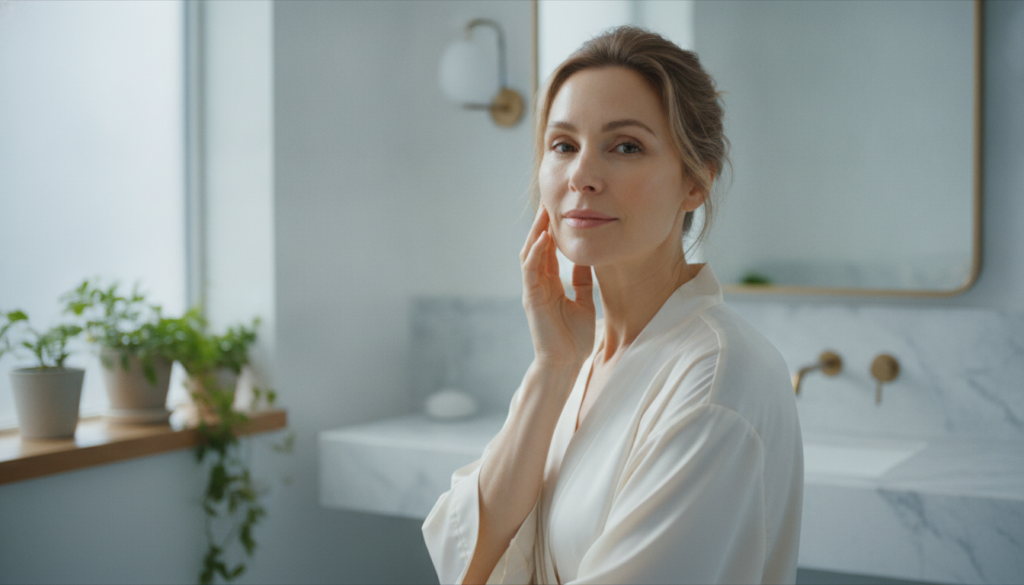 A woman gently touching her radiant clear skin with a soft natural glow symbolizing a natural approach to beauty