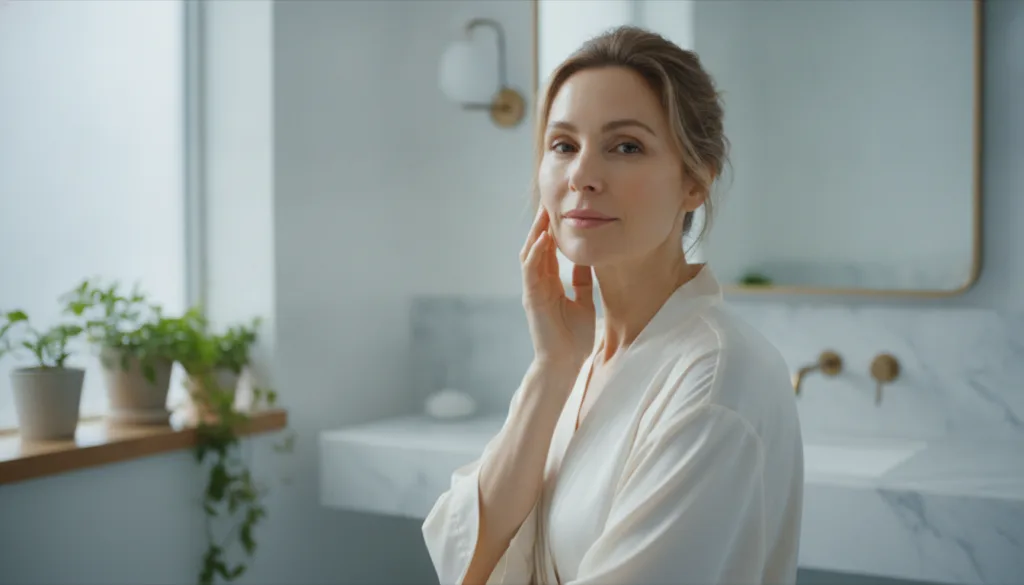 A woman gently touching her radiant clear skin with a soft natural glow symbolizing a natural approach to beauty