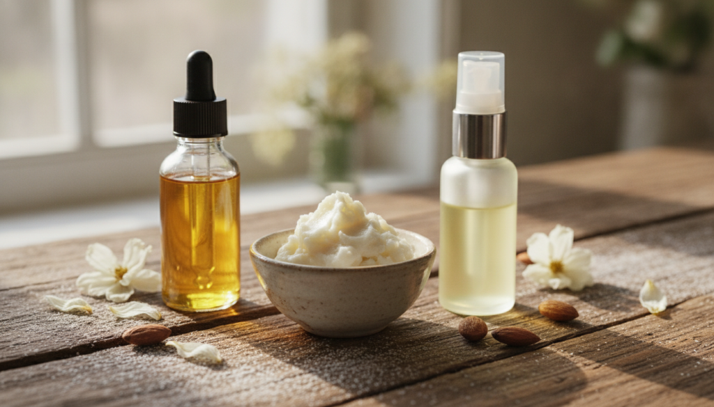Various natural ingredients for homemade skincare such as shea butter almond oil and a small bottle of vitamin E oil art