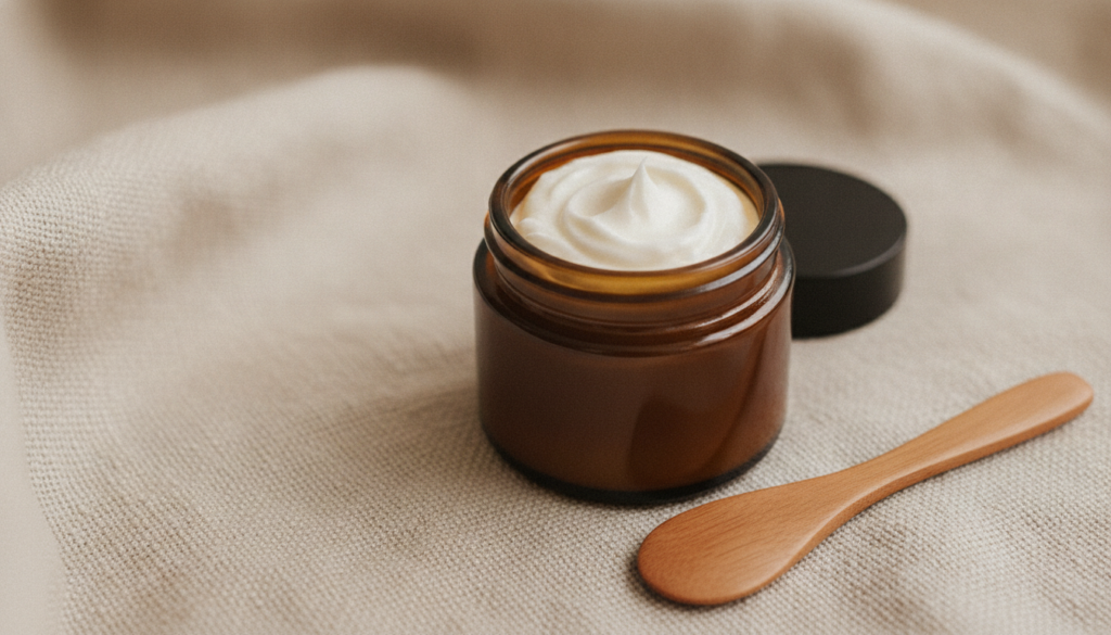 A close-up shot of a luxurious creamy homemade night butter in a small amber glass jar with a soft focus background