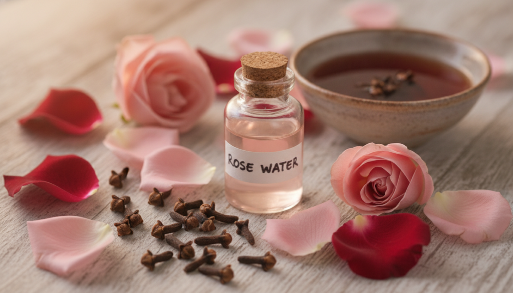 A close-up of dried cloves and fresh rose petals scattered around a small glass bottle of rose water with a small bowl o