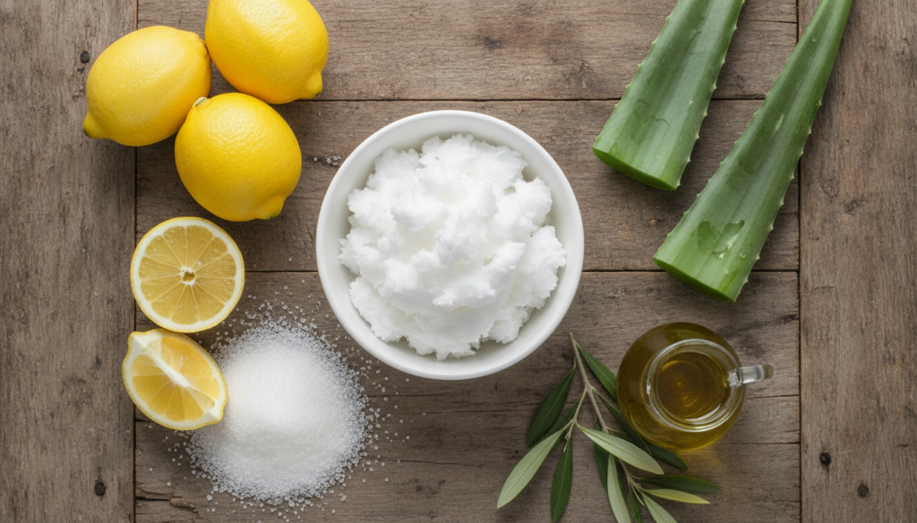 A visually appealing flat lay of various natural ingredients used for skincare such as lemons sugar coconut oil in a sma