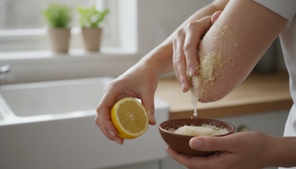 A close-up shot of hands gently applying a natural scrub like lemon and sugar to a dry rough elbow The setting should be