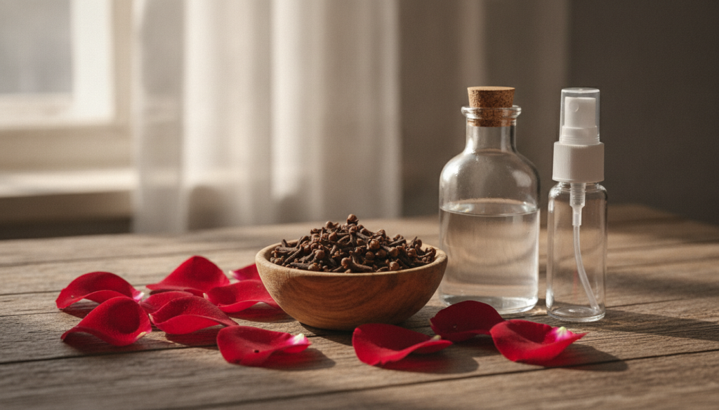Ingredients for rose water and clove toner on a rustic wooden table fresh rose petals a small bowl of whole cloves and a
