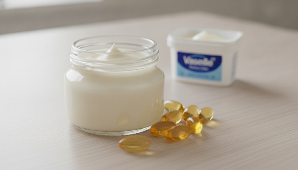 A small glass jar of a homemade creamy white Vaseline and Vitamin E mixture with a few Vitamin E capsules scattered arou