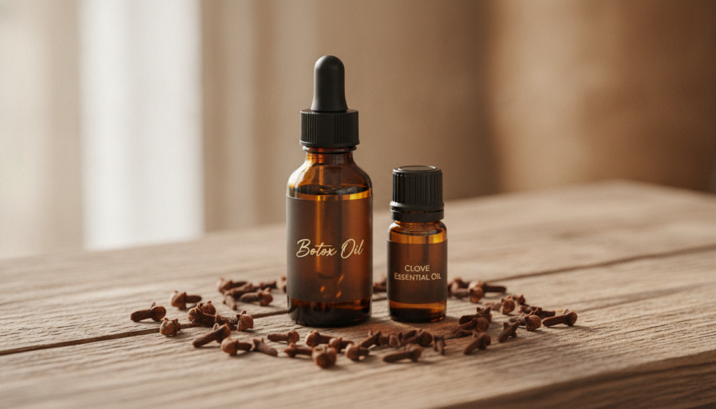 A small dark glass dropper bottle filled with golden Botox Oil a blend of baby oil and clove essential oil with fresh cl