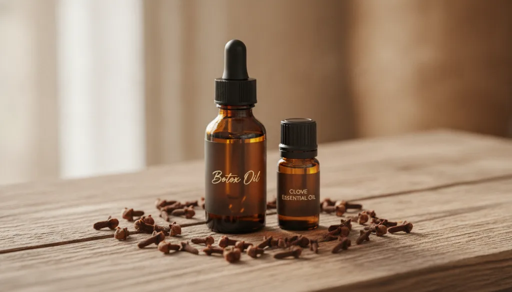 A small dark glass dropper bottle filled with golden Botox Oil a blend of baby oil and clove essential oil with fresh cl