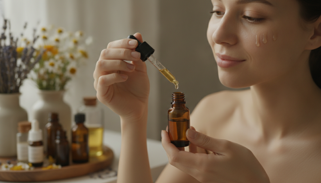 A woman gently applying a few drops of homemade facial oil to her cheek in a soft natural light setting There are small