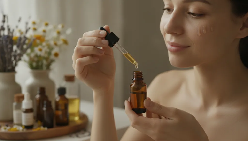 A woman gently applying a few drops of homemade facial oil to her cheek in a soft natural light setting There are small 