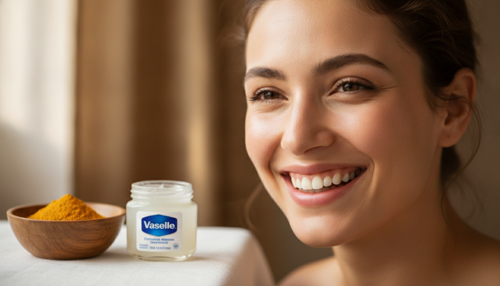 A woman smiling with visibly brighter glowing skin with a small bowl of turmeric and a jar of Vaseline blurred in the ba