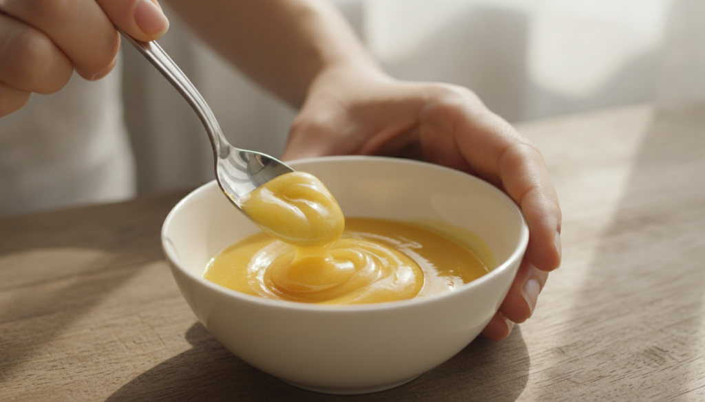 Hands mixing Vaseline and turmeric powder in a small ceramic bowl to create a smooth golden paste with a clean brush nea
