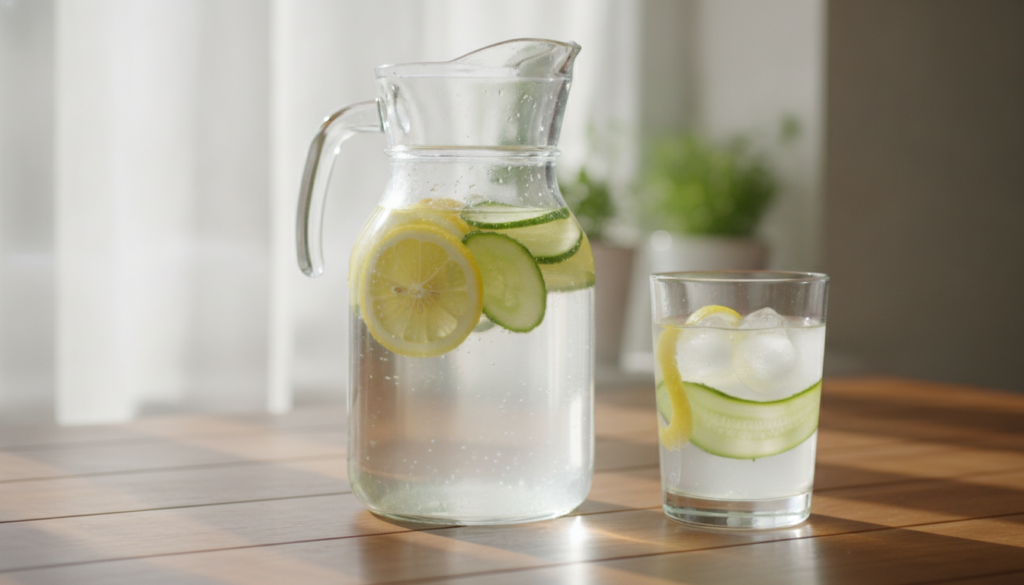 A glass jug filled with water sliced lemons and cucumber slices next to a refreshing glass of the infused water with ice