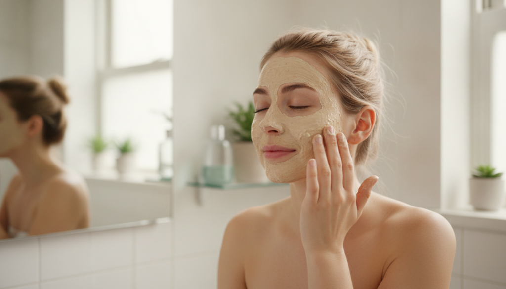 A woman applying a homemade oatmeal face mask to her clean face in a bright bathroom setting She looks calm and relaxed