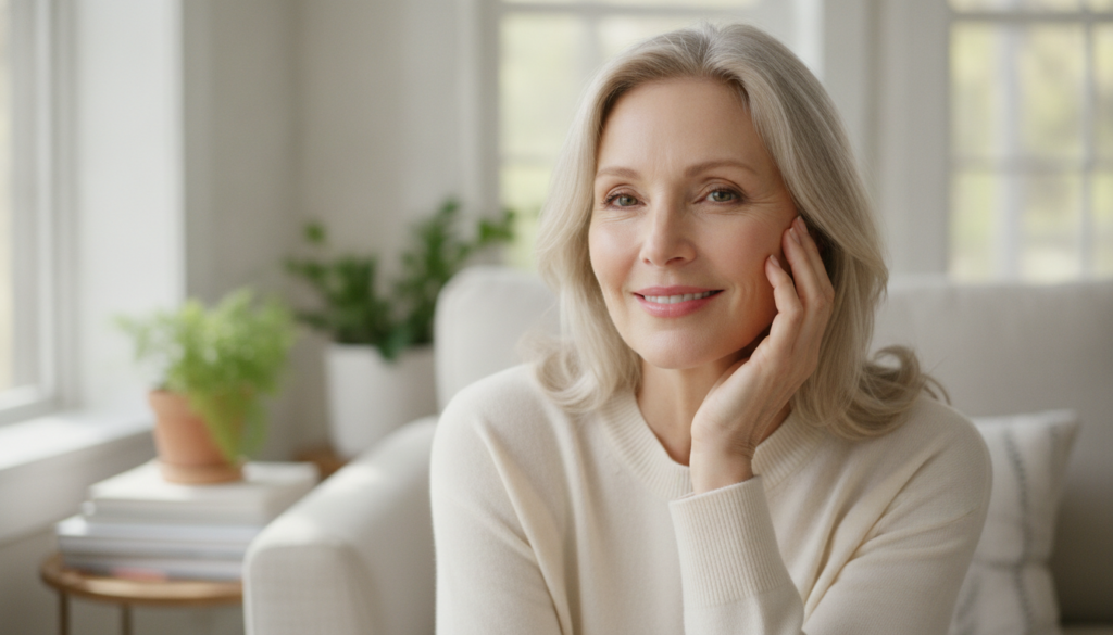 A youthful-looking woman in her 50s with glowing smooth skin gently touching her cheek and smiling She represents the mo