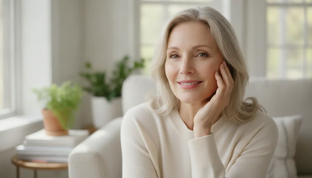 A youthful-looking woman in her 50s with glowing smooth skin gently touching her cheek and smiling She represents the mo
