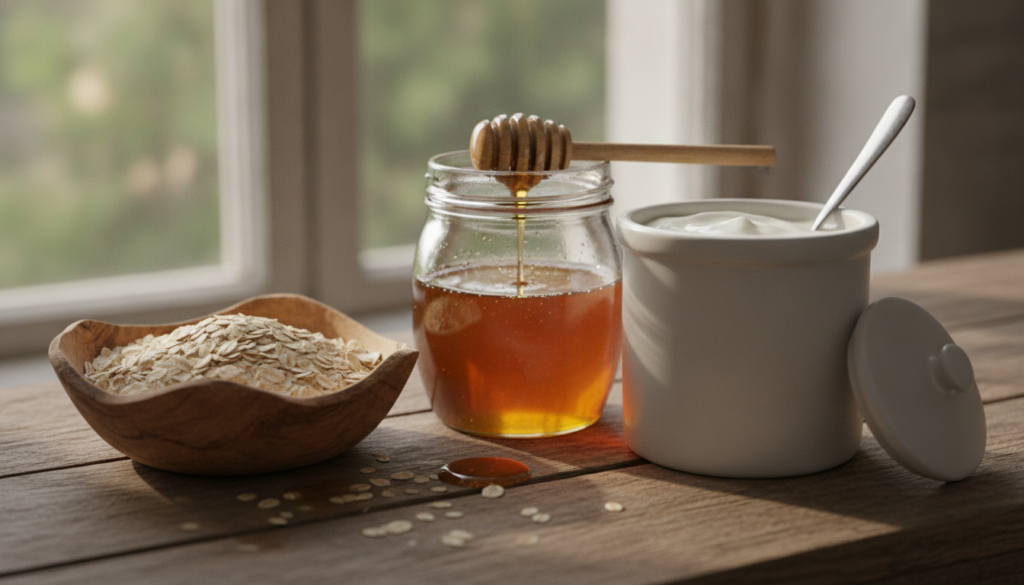 Ingredients for an oatmeal face mask a small bowl of rolled oats a jar of honey and a small container of yogurt arranged