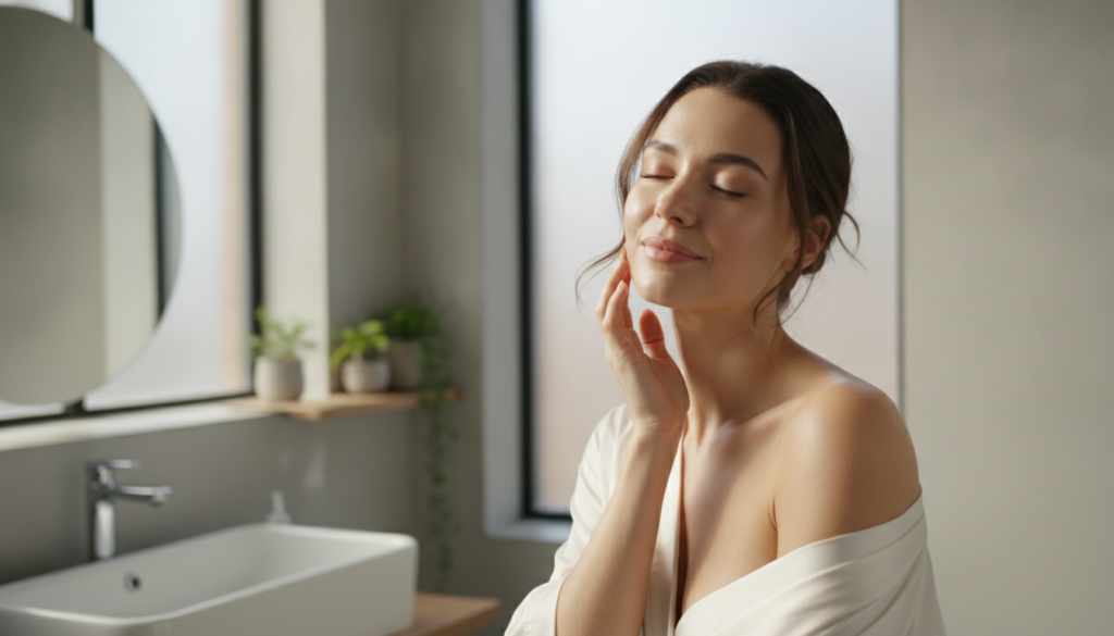 A woman with glowing clear skin gently touching her cheek with soft natural light symbolizing radiant results from natur
