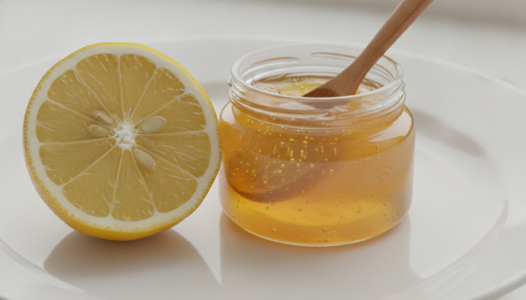 A close-up shot of a sliced lemon next to a small jar of healing jelly with a soft natural background highlighting the t